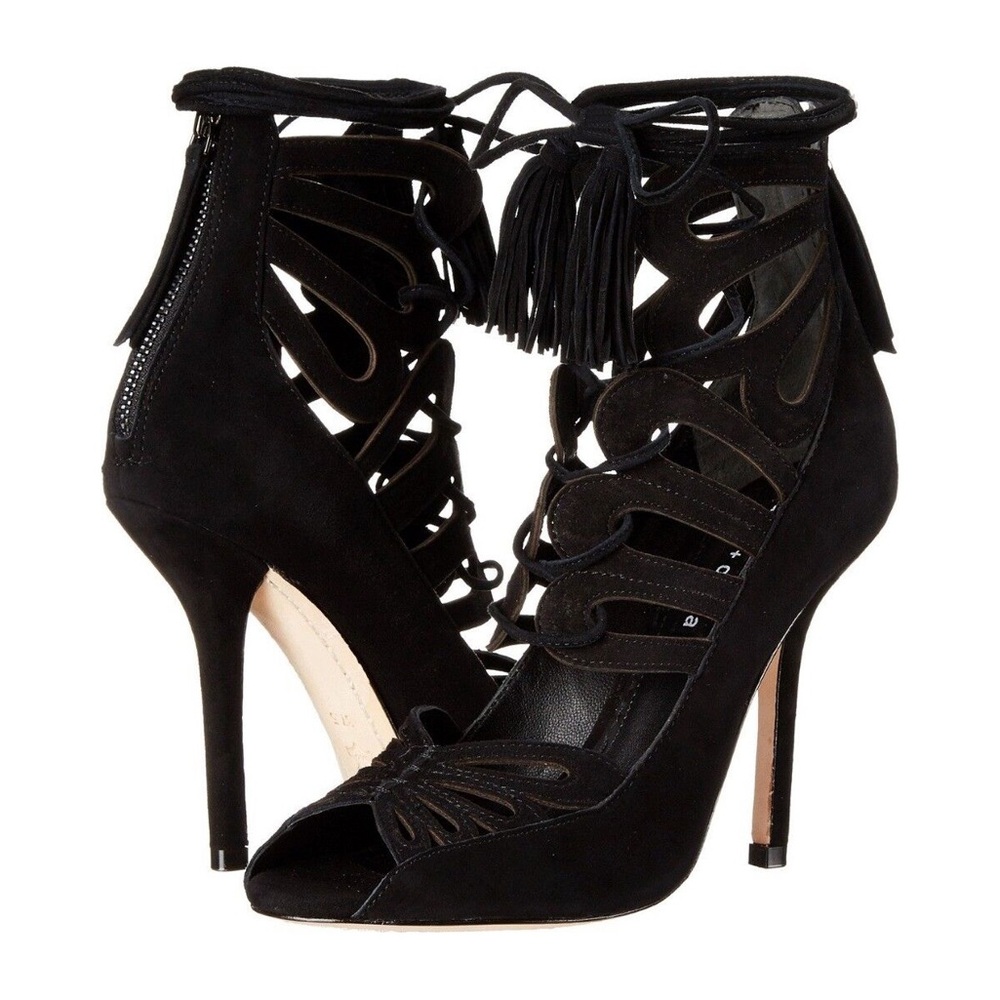 Alice & Olivia Natalie Suede Black Ankle High Laced Up Tassel Sandals